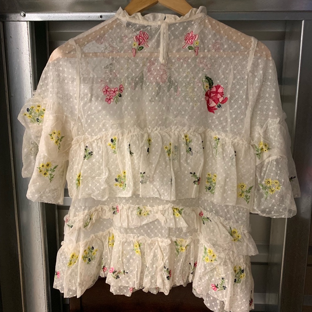 Zara cream white embroidered floral mesh lace ruffle top - Picture 4 of 4